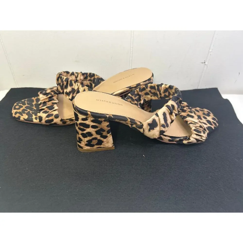 14TH & UNION Zandal Scrunch Printed Block Heel Sandal Leopard Size 9. NWOB